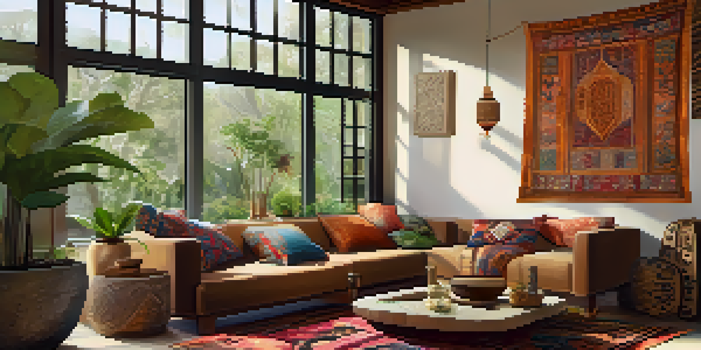 A cozy living room showcasing a blend of Moroccan textiles and Japanese minimalist decor, with natural light and a view of a lush garden.