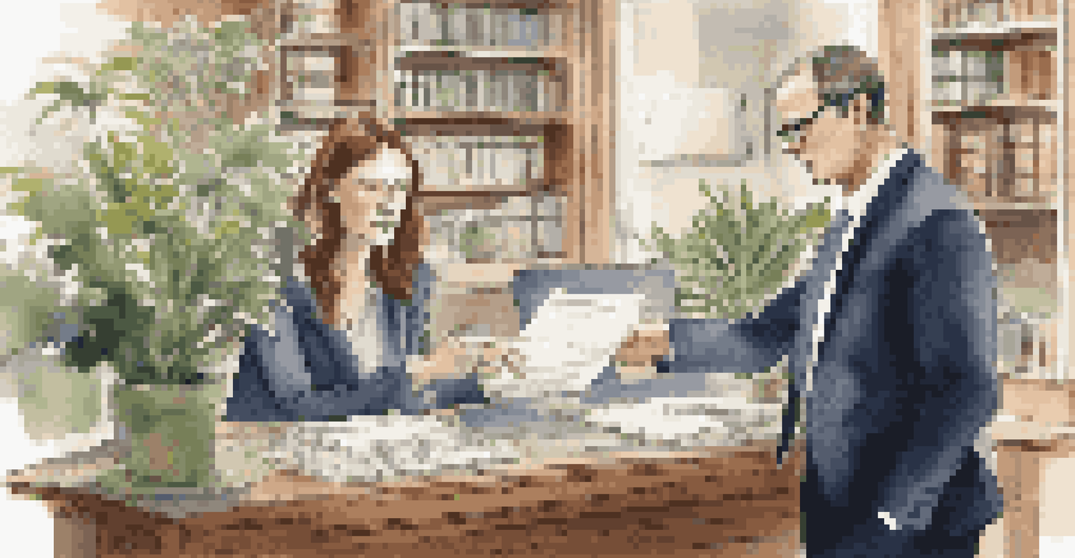 Two professionals in an office discussing a contract, one pointing at a document, surrounded by potted plants and bookshelves.