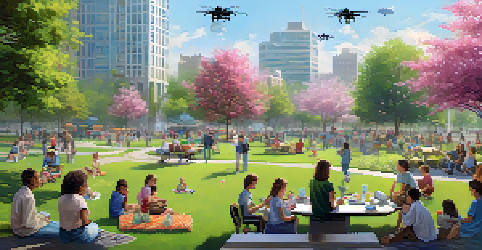 A public park in a smart city with robotic patrol units, surveillance drones, and people enjoying nature.