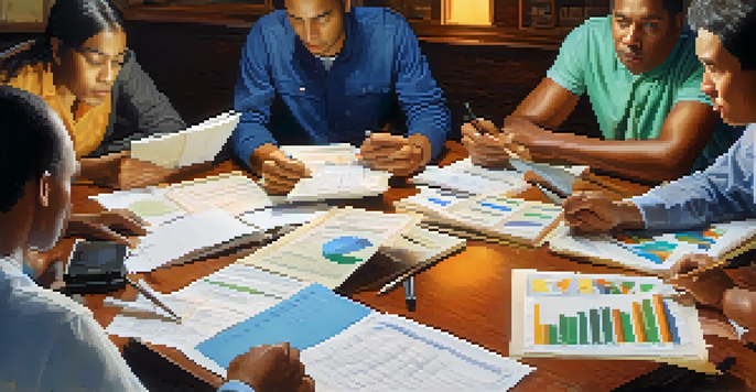 A diverse group of individuals examining credit reports on a wooden table with documents and calculators around them, bathed in warm light.