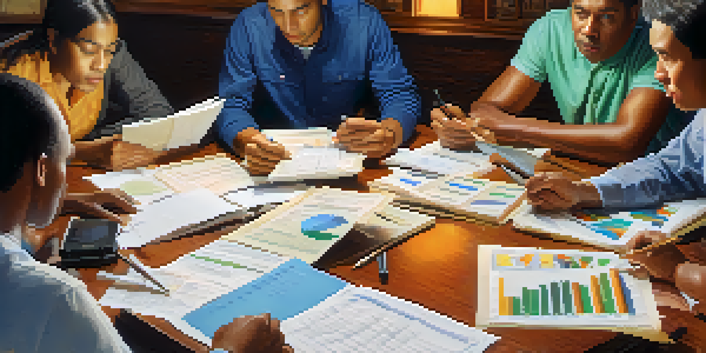 A diverse group of individuals examining credit reports on a wooden table with documents and calculators around them, bathed in warm light.