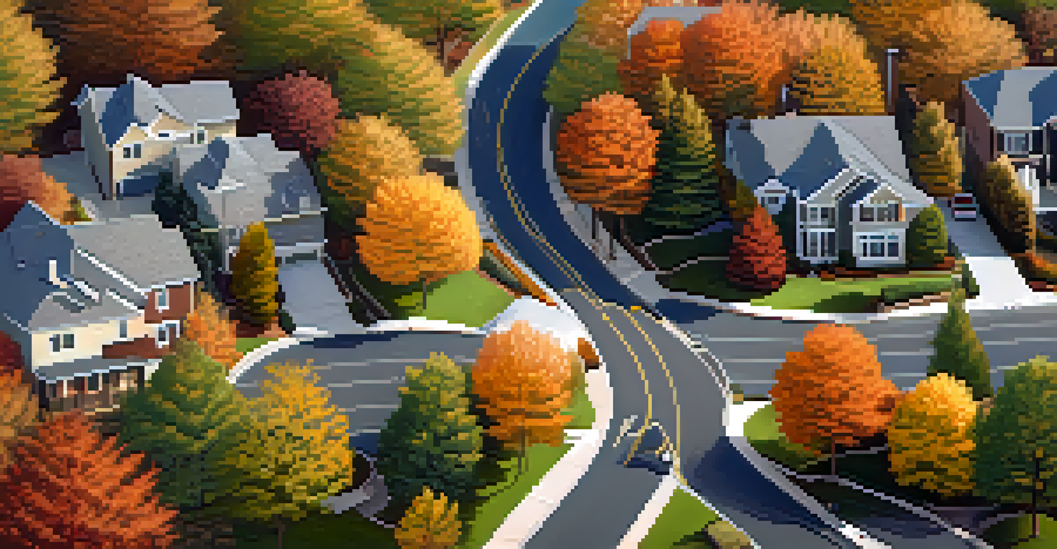 An aerial view of a suburban neighborhood, showing busy and quiet streets, with colorful autumn foliage and residential homes.