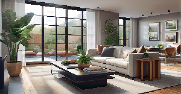 A bright living room with a tablet displaying a virtual tour interface, showcasing a cozy atmosphere with a sofa and houseplant.