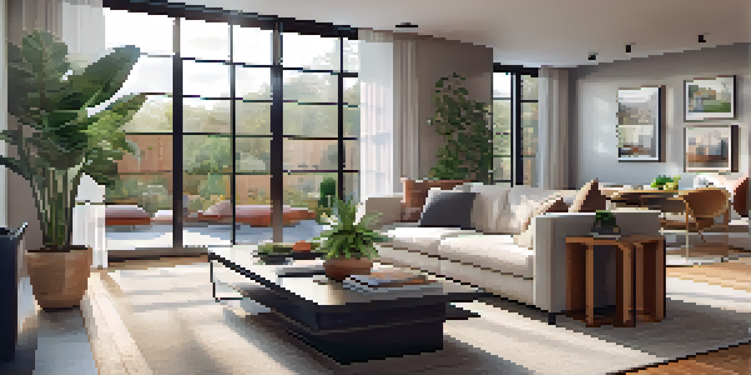 A bright living room with a tablet displaying a virtual tour interface, showcasing a cozy atmosphere with a sofa and houseplant.