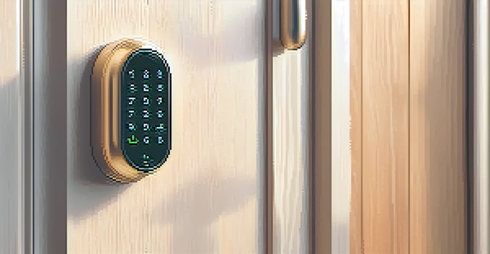 Close-up of a modern smart lock on a wooden front door with a keypad and fingerprint scanner.