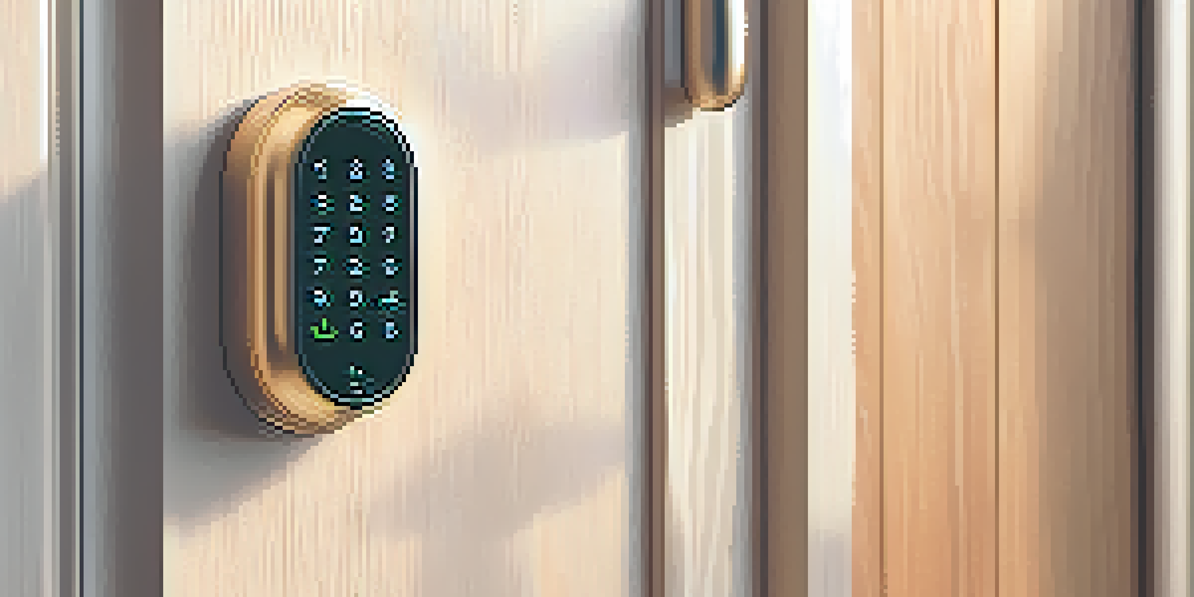 Close-up of a modern smart lock on a wooden front door with a keypad and fingerprint scanner.