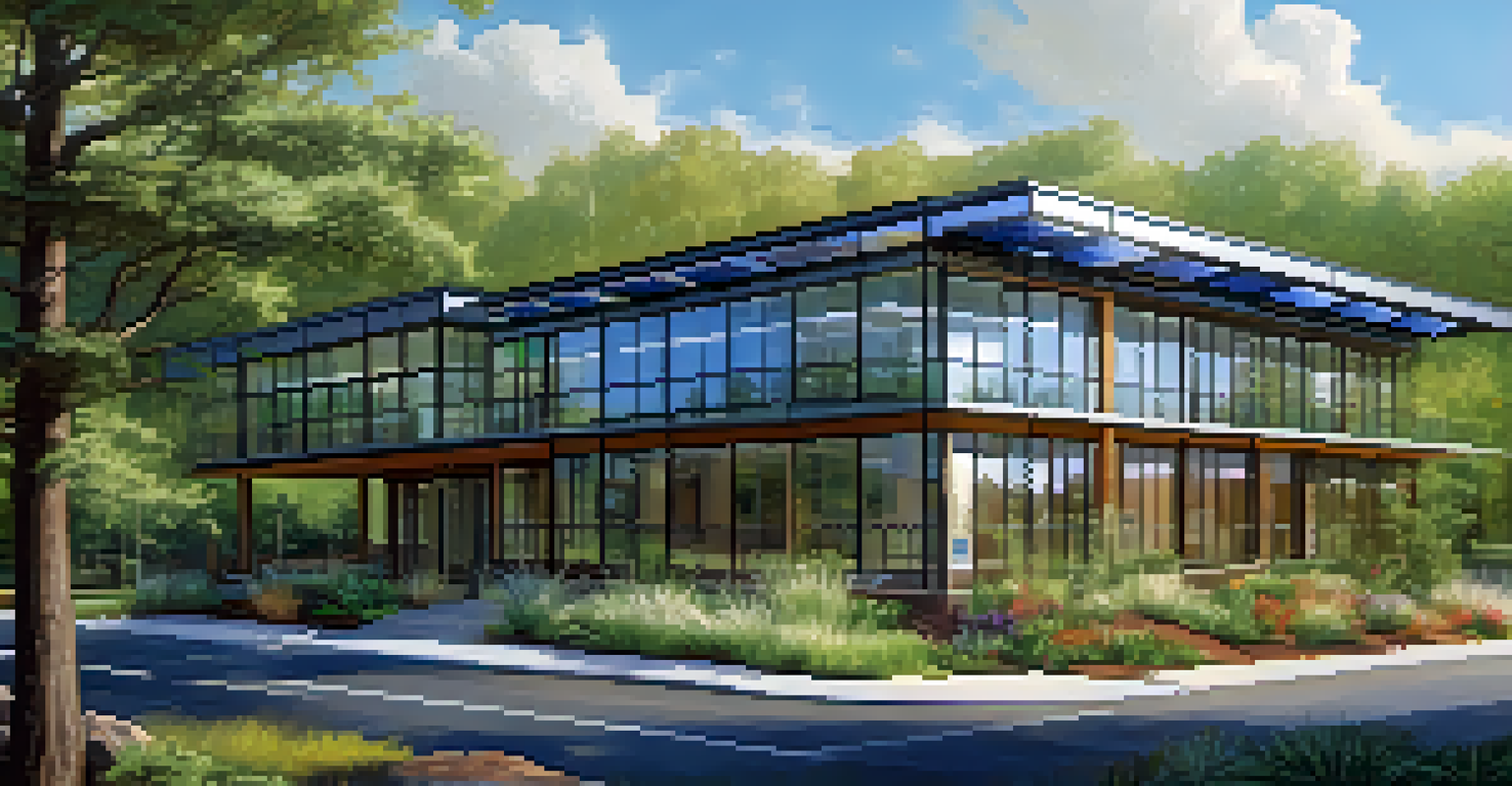 Close-up of a sustainable building with solar panels, green roofs, and natural landscaping, under a clear blue sky.