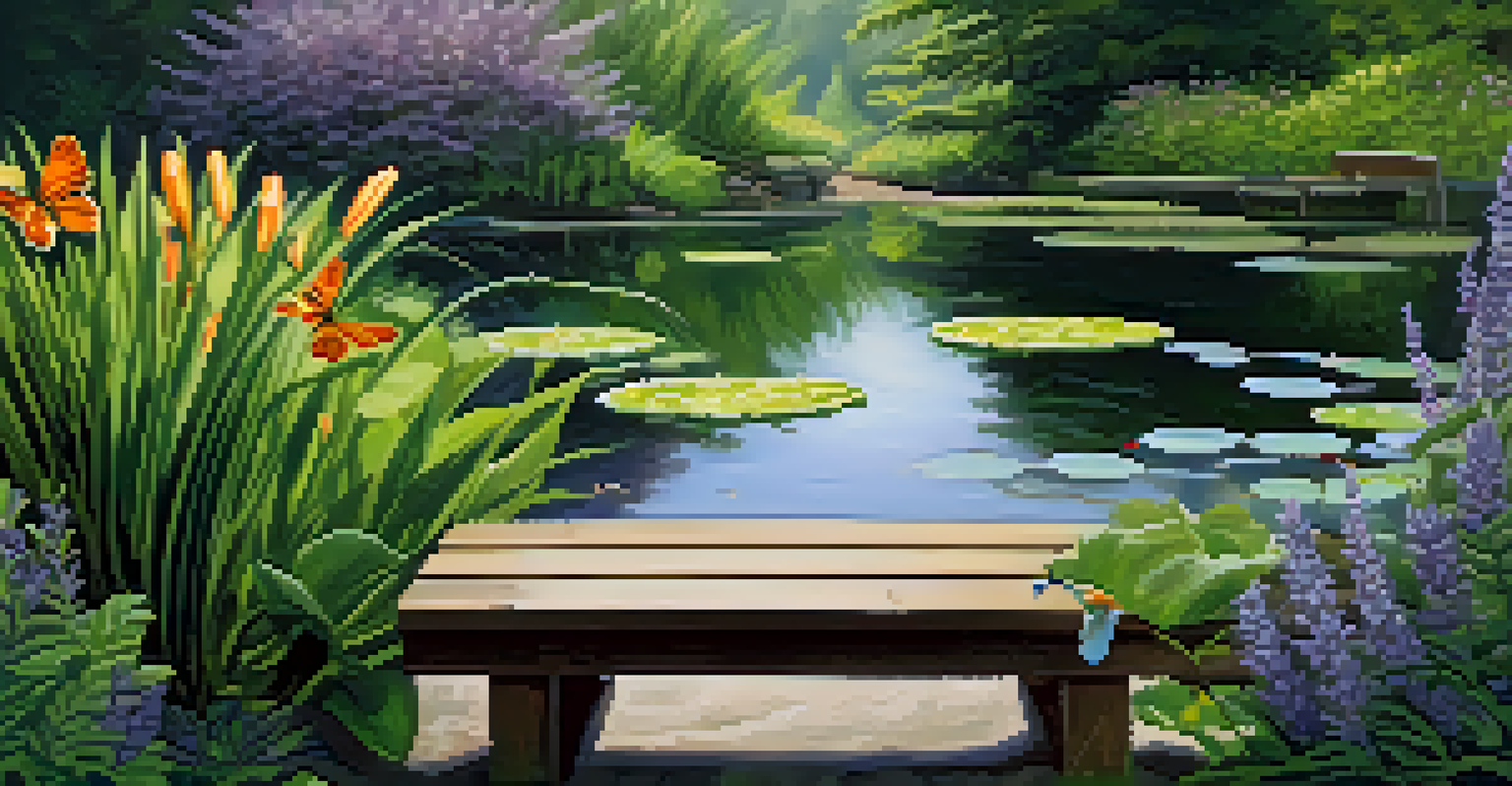 A tranquil pond surrounded by lush ferns and lavender, with a wooden bench nearby and butterflies fluttering above.