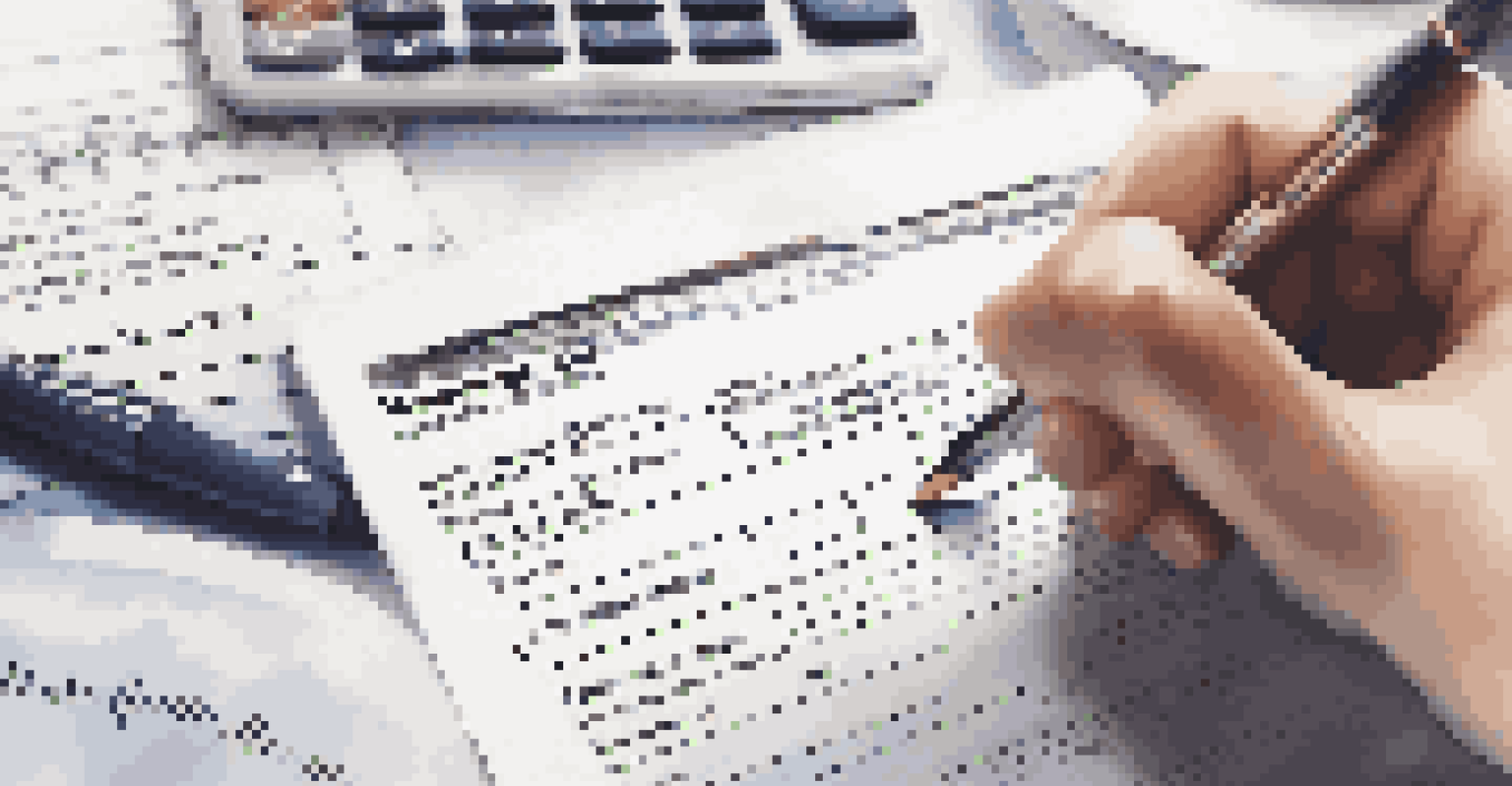 A hand holding a pen over a mortgage application with a calculator and laptop in the background, depicting the homebuying process.