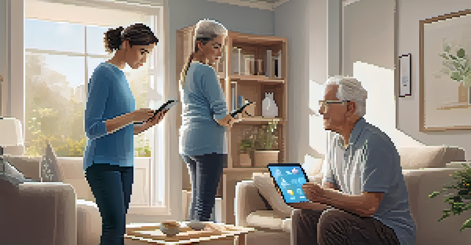 A caregiver helping a senior individual set up smart home devices in a bright and welcoming living room.