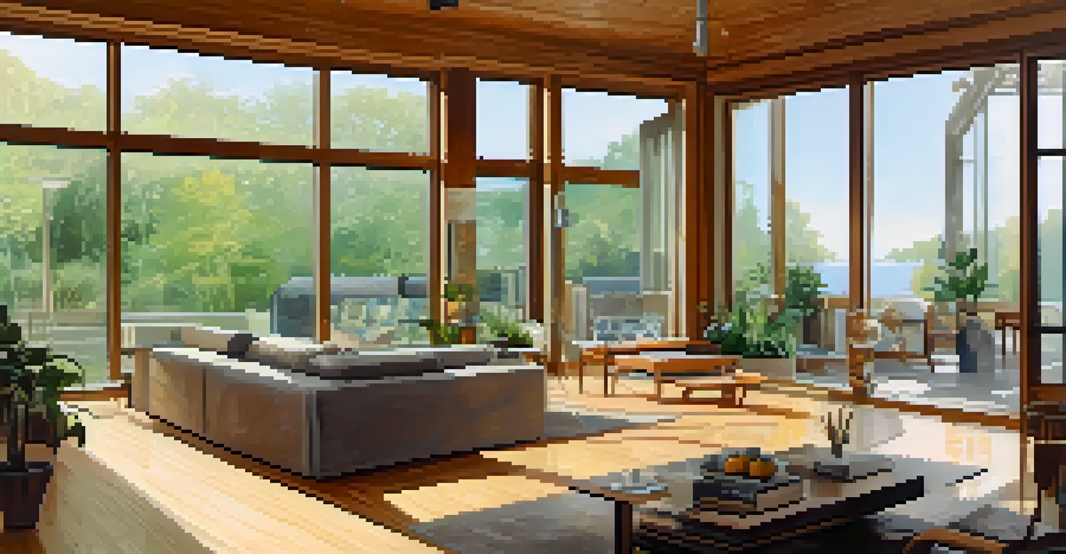 The interior of an eco-friendly home with a spacious open layout, large windows allowing natural light, bamboo flooring, and a smart thermostat.