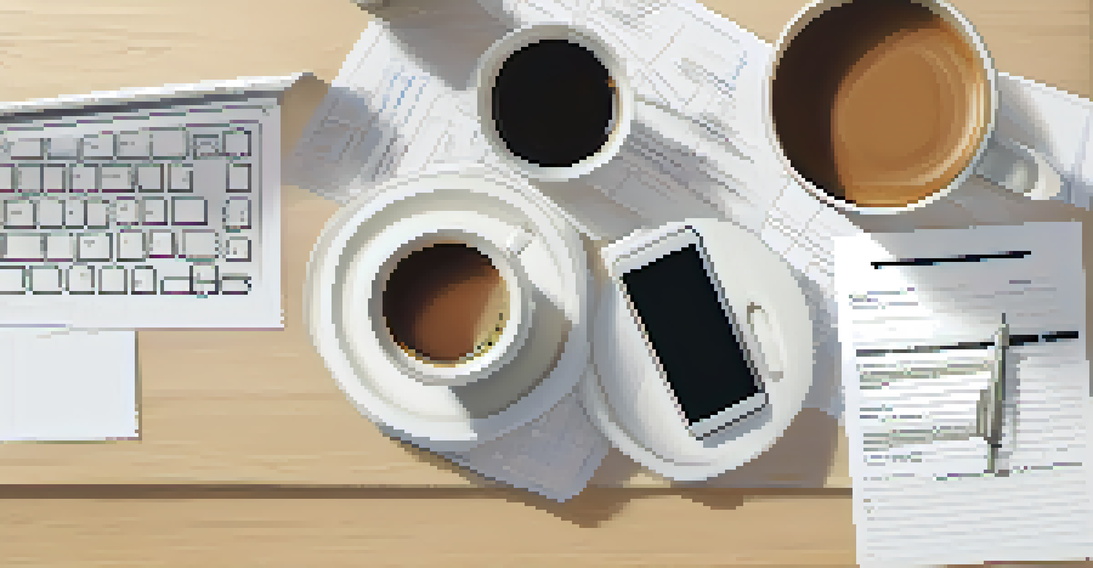 An overhead view of a completed written contract on a desk with a coffee cup and notepad.