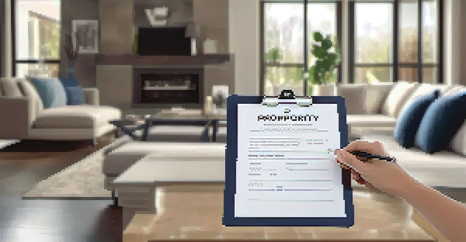 A real estate agent's hands holding a clipboard with a property listing in a staged living room.