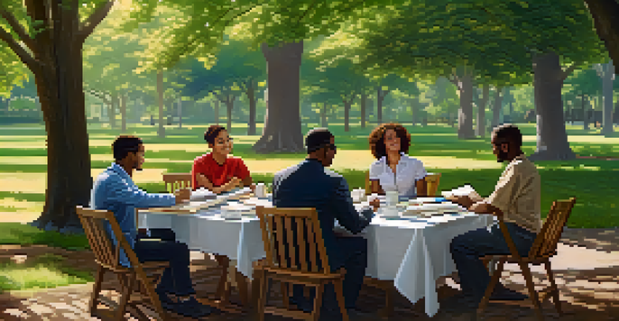 A diverse group of individuals negotiating real estate in a sunlit park, surrounded by greenery and documents on a wooden table.