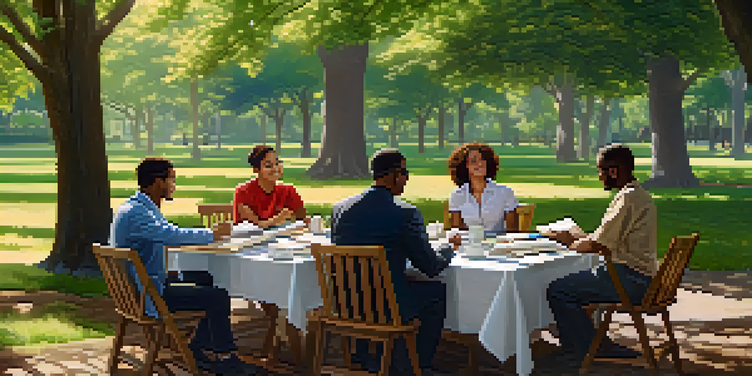 A diverse group of individuals negotiating real estate in a sunlit park, surrounded by greenery and documents on a wooden table.