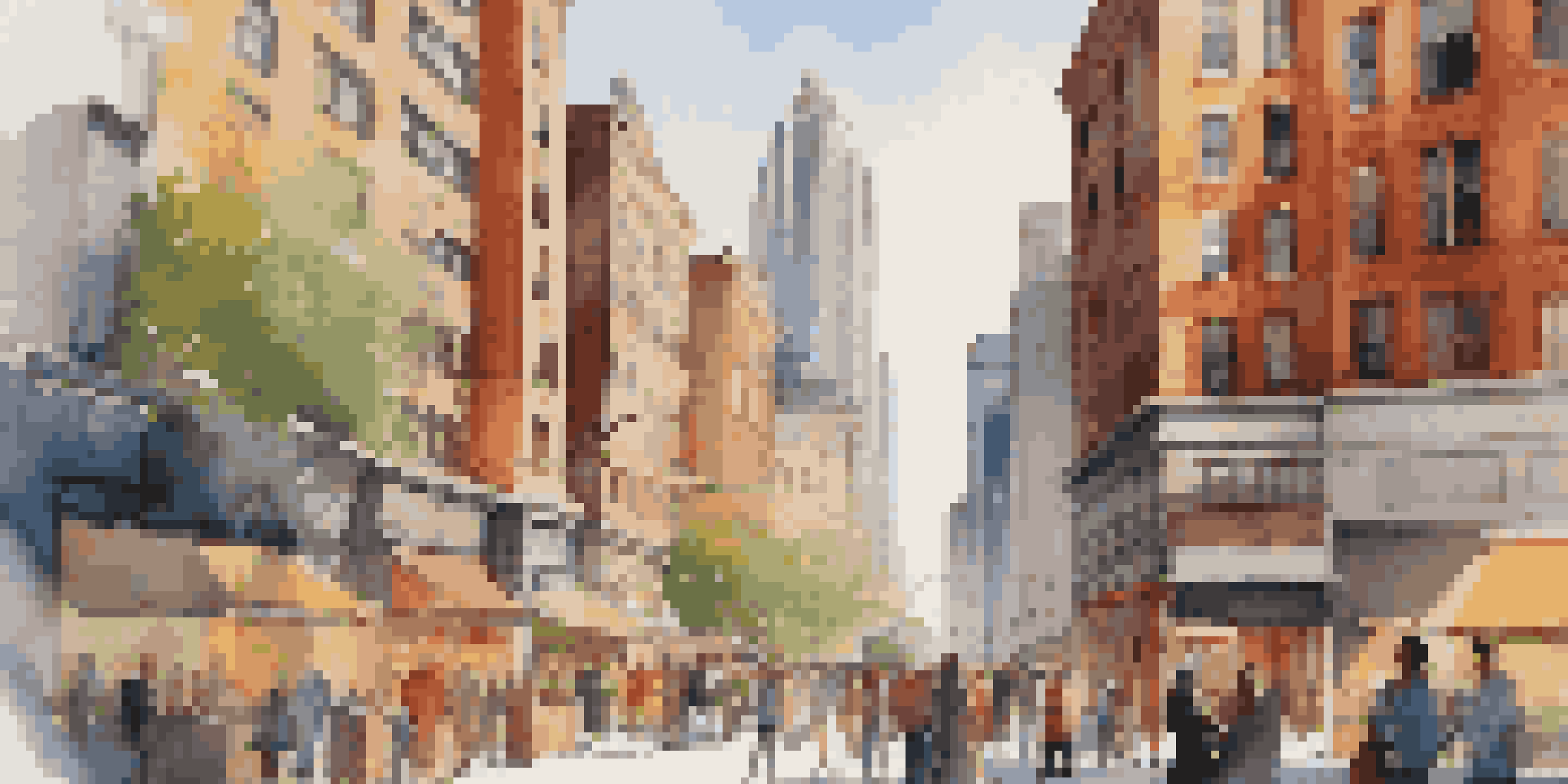 A lively urban real estate market scene with people discussing properties and a digital market trends screen.
