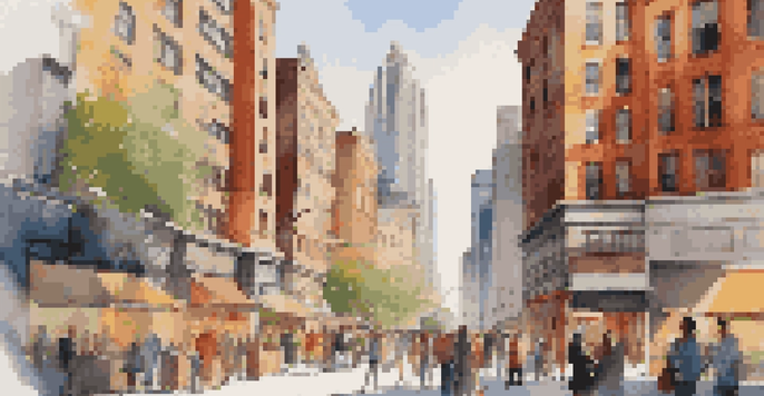 A lively urban real estate market scene with people discussing properties and a digital market trends screen.