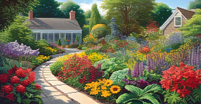 A vibrant sustainable garden filled with colorful native plants and vegetables, bathed in soft sunlight.