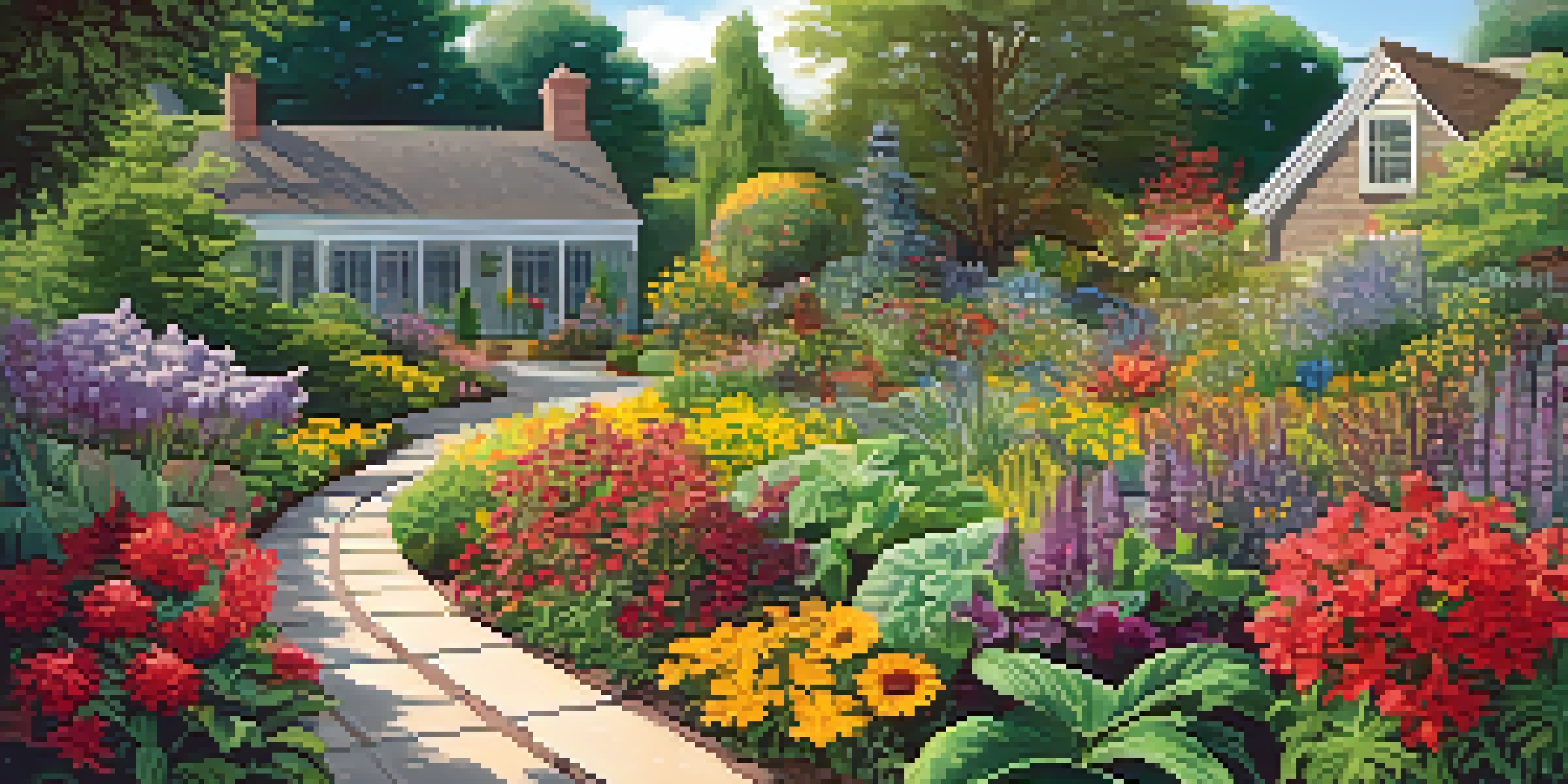 A vibrant sustainable garden filled with colorful native plants and vegetables, bathed in soft sunlight.