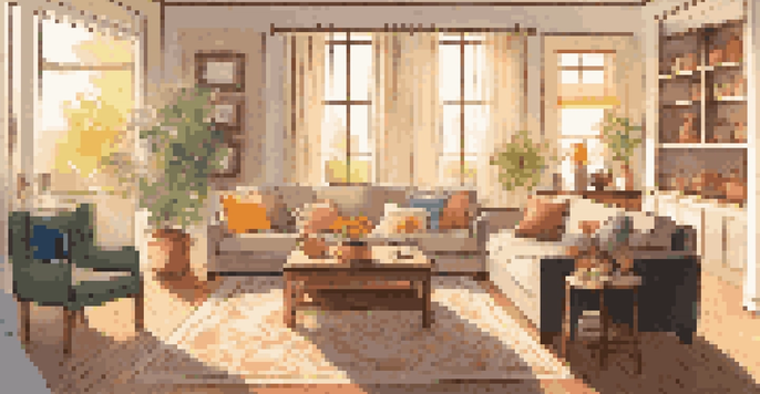 A warm and inviting family living room with a sofa, family photos, and a vase of flowers.