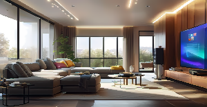 A contemporary living room showcasing a smart hub and smart lighting, with a large screen displaying home automation features and natural light illuminating the space.