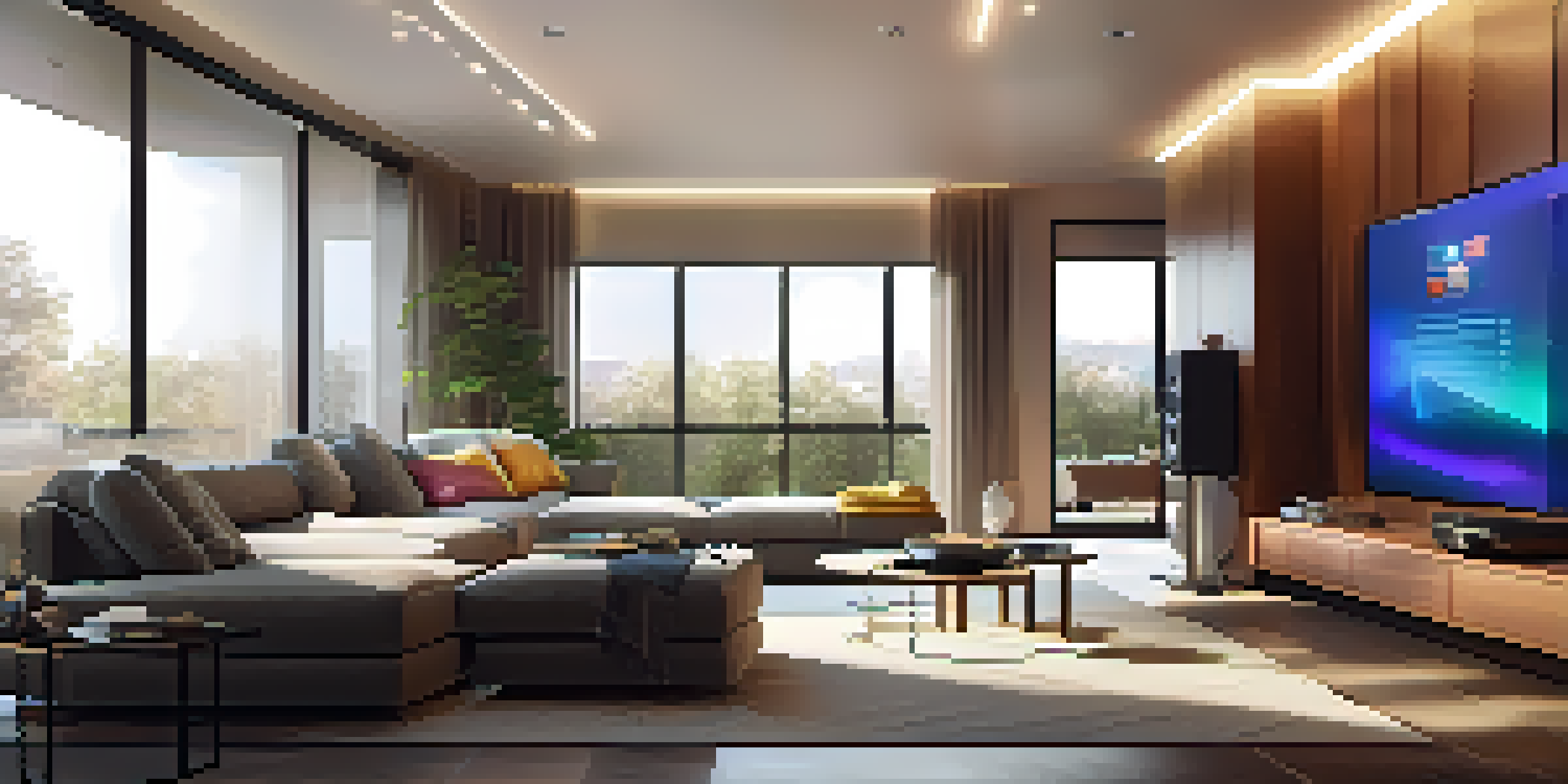 A contemporary living room showcasing a smart hub and smart lighting, with a large screen displaying home automation features and natural light illuminating the space.