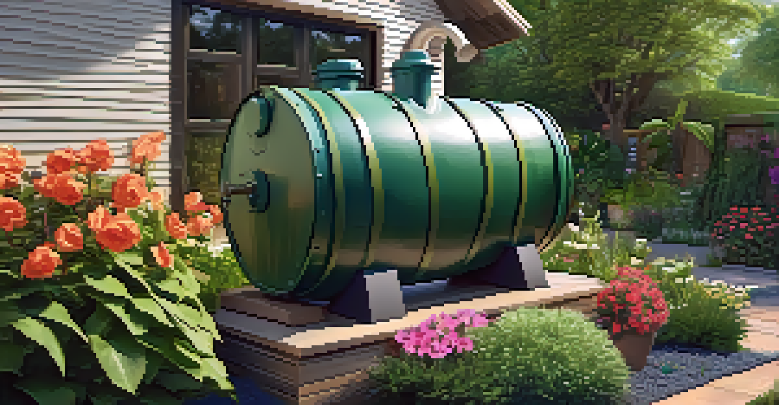 A picturesque garden featuring a rainwater harvesting system surrounded by colorful flowers and greenery.