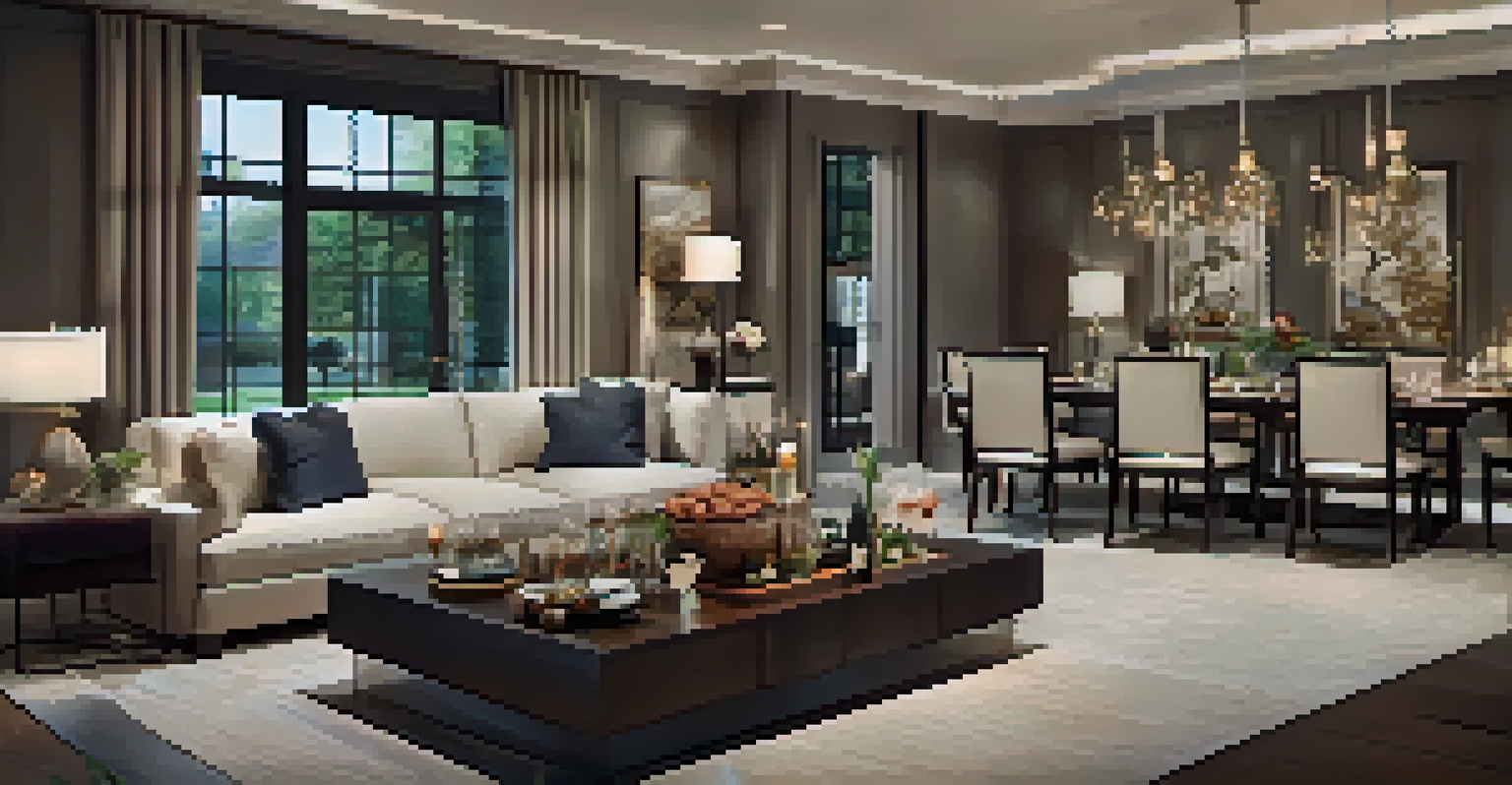 An elegant open concept living area designed for entertaining, with movable furniture and a dining table set for guests, exuding a cozy ambiance.