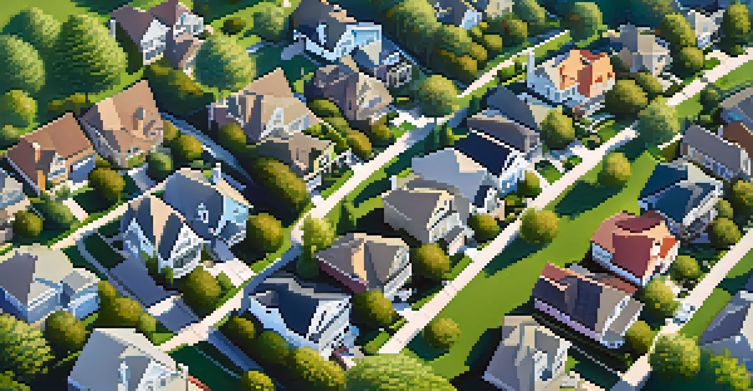 An aerial view of a suburban neighborhood with diverse homes and greenery.