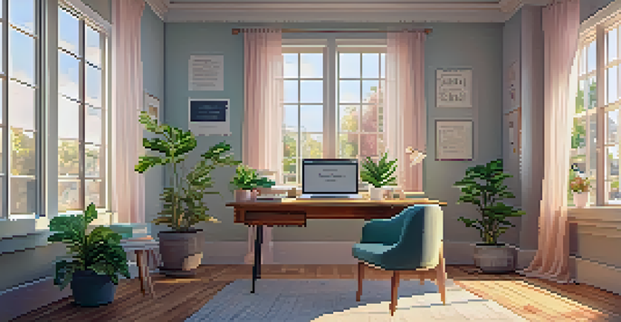 A bright and inviting home office with a wooden desk, laptop, houseplants, and motivational quotes on the walls.