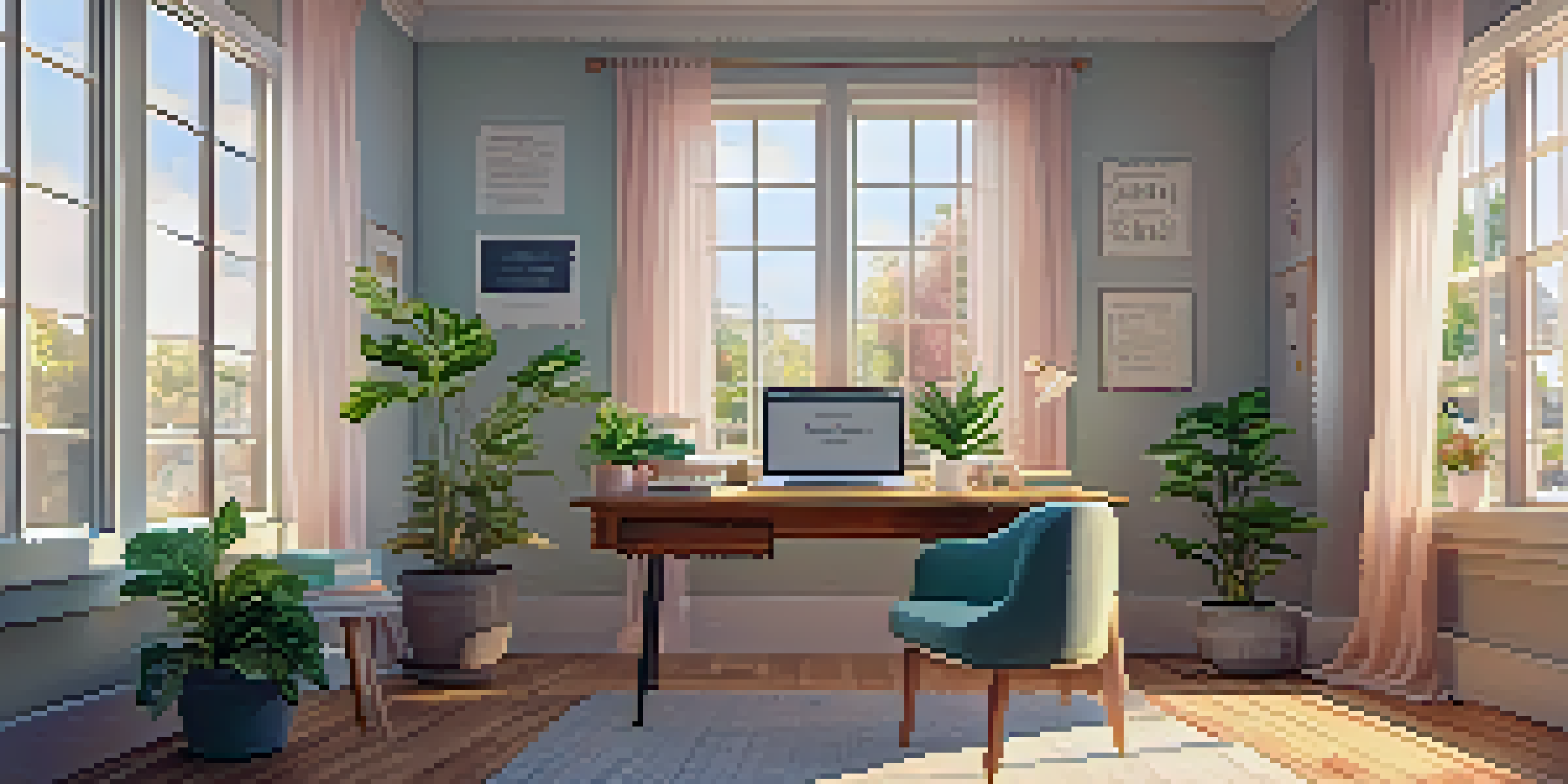 A bright and inviting home office with a wooden desk, laptop, houseplants, and motivational quotes on the walls.