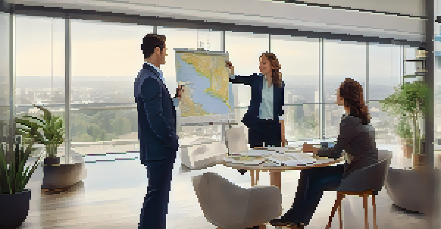 A real estate agent discussing property options with a young couple in a bright office.