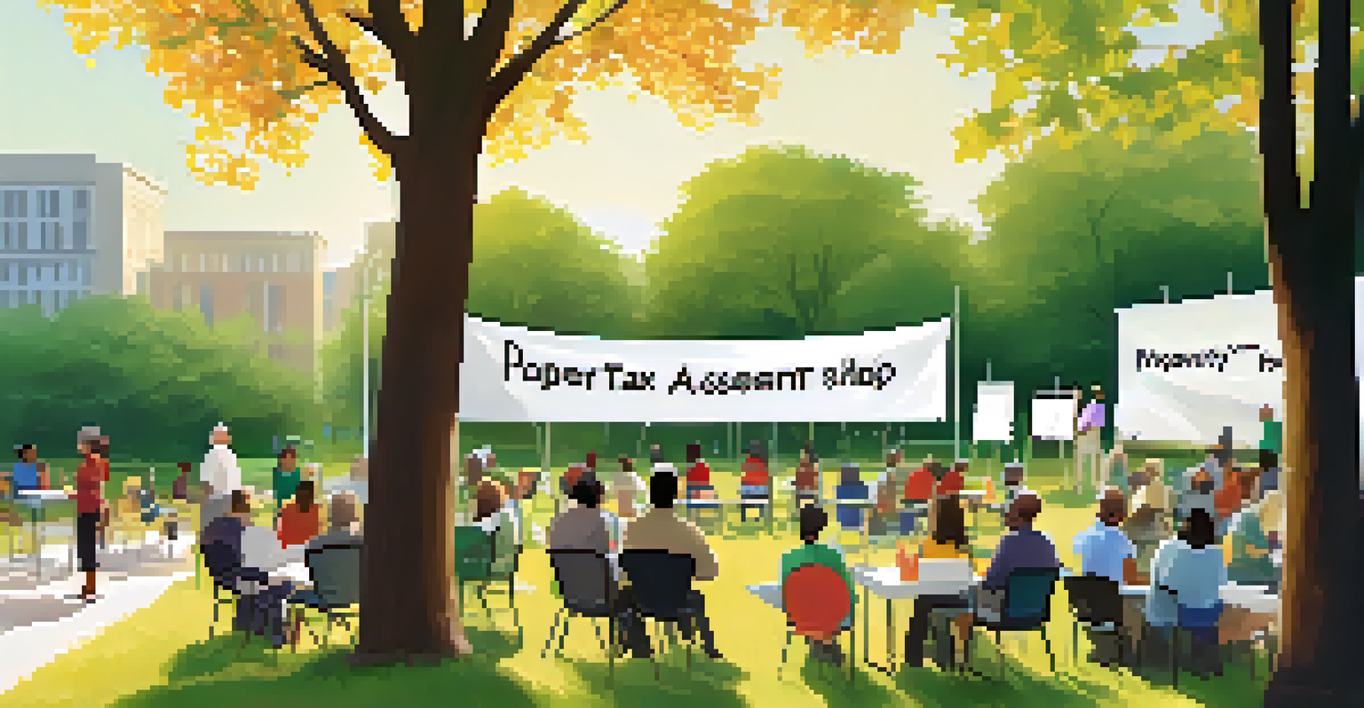 A community forum in a park discussing property tax assessments with diverse residents.