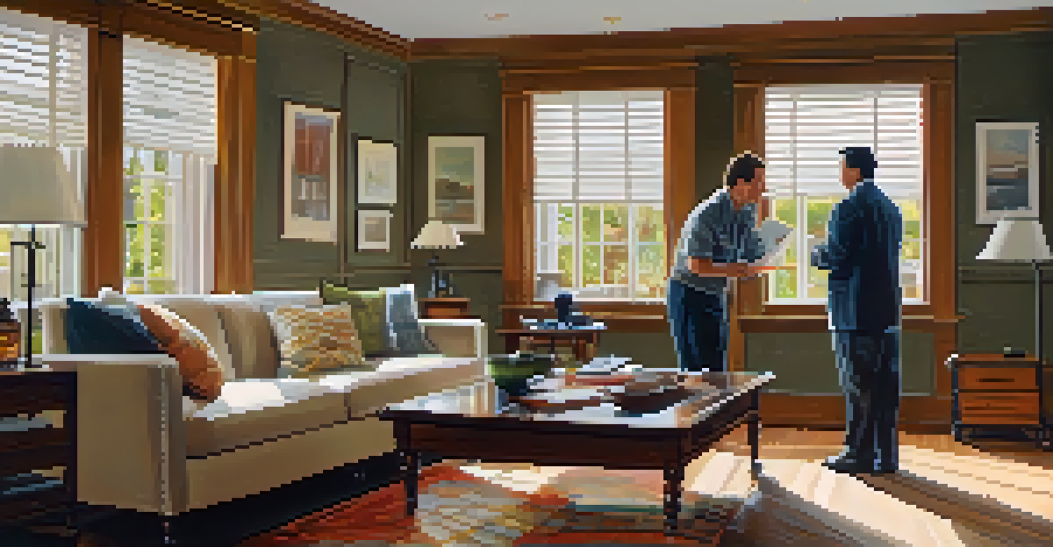 An inspector checks electrical outlets in a bright living room while the homeowner watches, with sunlight streaming in through the windows.