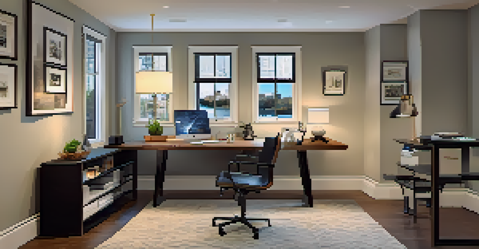 A stylish basement home office with a modern desk, ergonomic chair, and inspirational artwork on the walls.