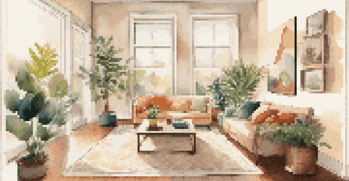A cozy living room in a rental property with large windows, comfortable furniture, and indoor plants.