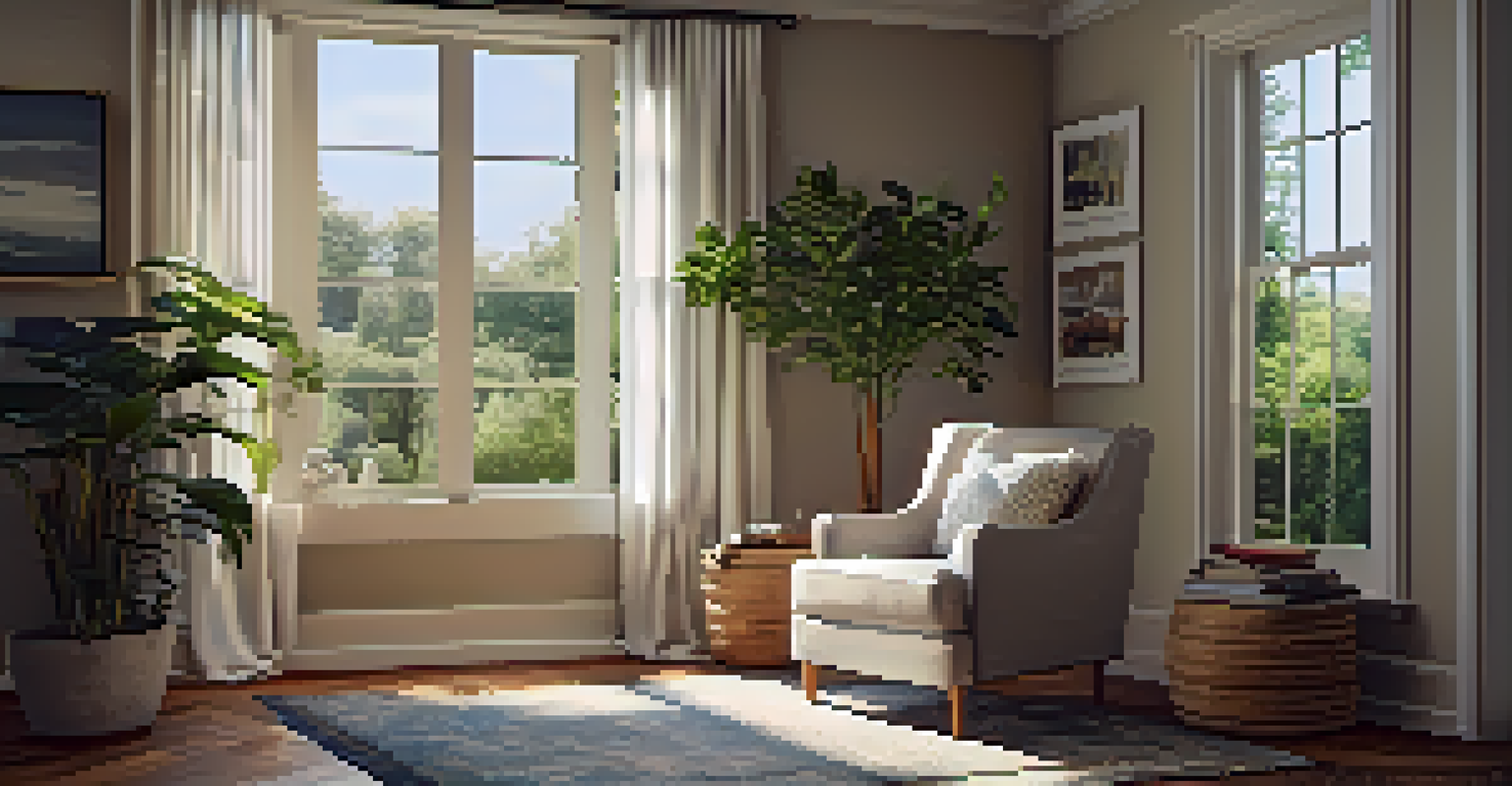 A cozy reading nook with an armchair, bookshelf, and plants, illuminated by natural light.