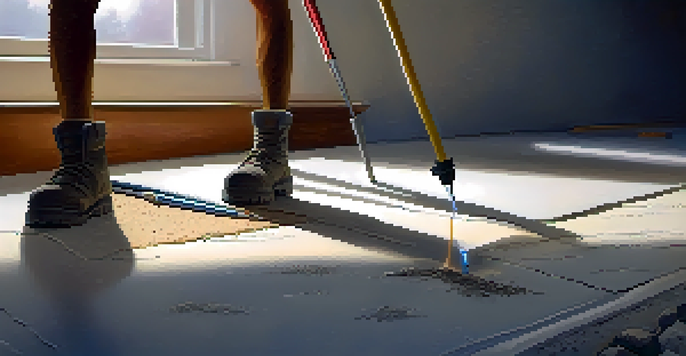 A foundation inspector examining a home's foundation with a flashlight, revealing cracks and uneven surfaces in the concrete.