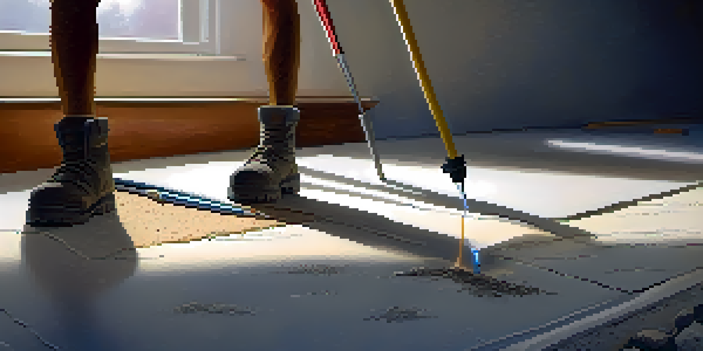 A foundation inspector examining a home's foundation with a flashlight, revealing cracks and uneven surfaces in the concrete.