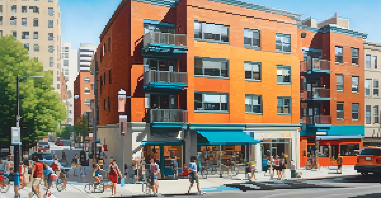 A modern multi-family apartment building in an urban setting with pedestrians and vibrant street art.