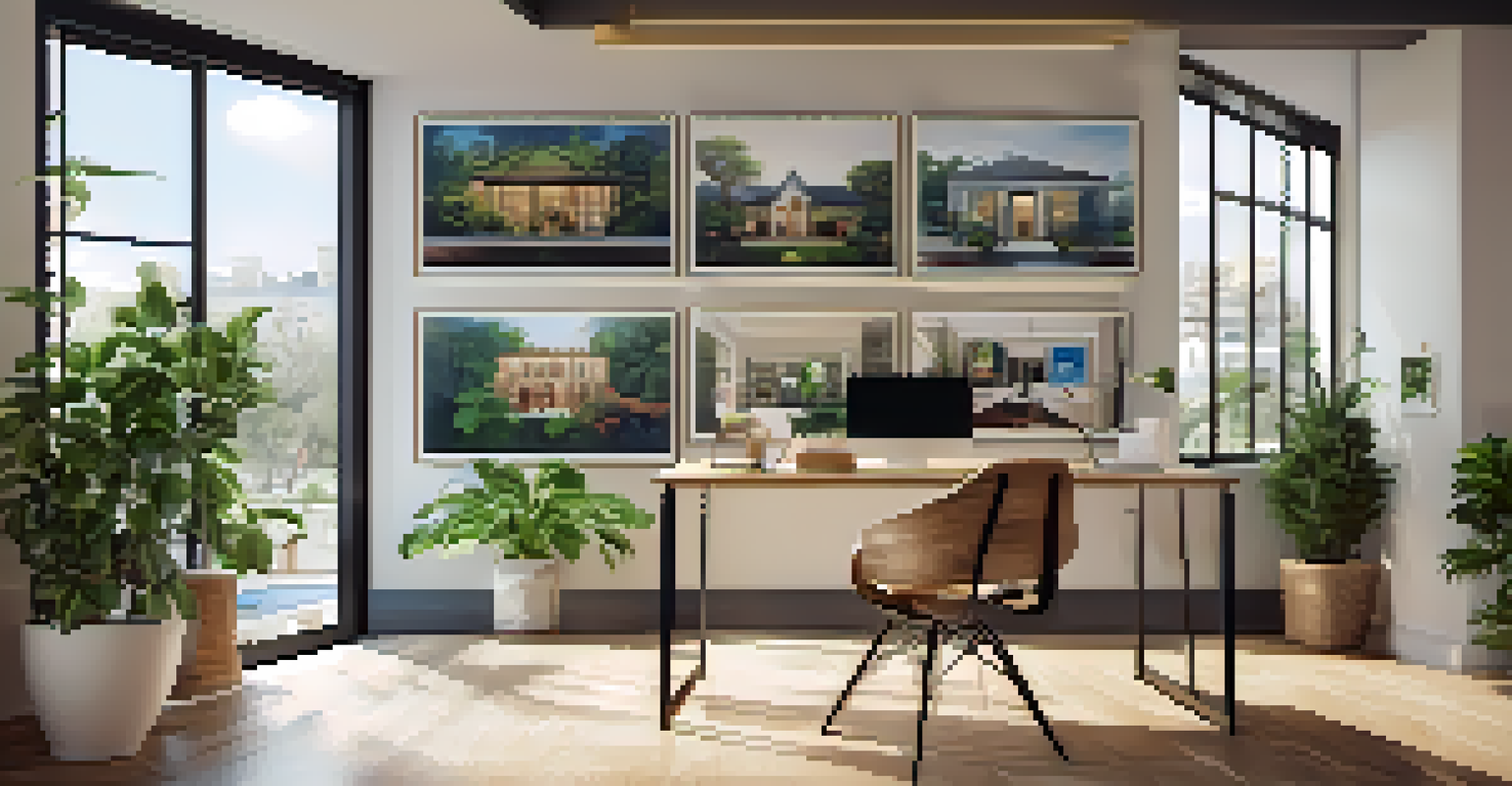 A modern office space with a desk, laptop displaying a property virtual tour, and inspiring artwork on the wall.