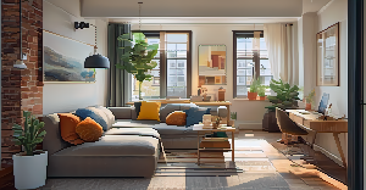 A stylish short-term rental apartment with a cozy living area, work desk, and smart technology for gig workers.