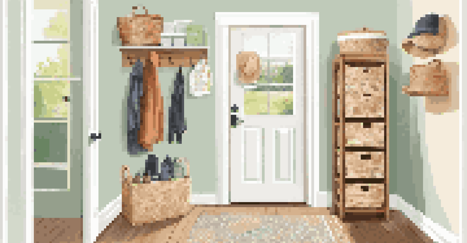 An organized entryway with vertical shoe storage, hooks for coats, and a bulletin board, illuminated by natural light.