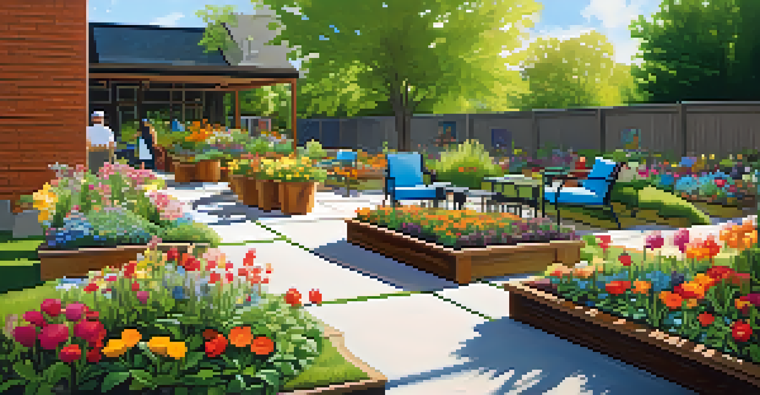 An outdoor garden space designed for accessibility, featuring smooth pathways and raised garden beds.