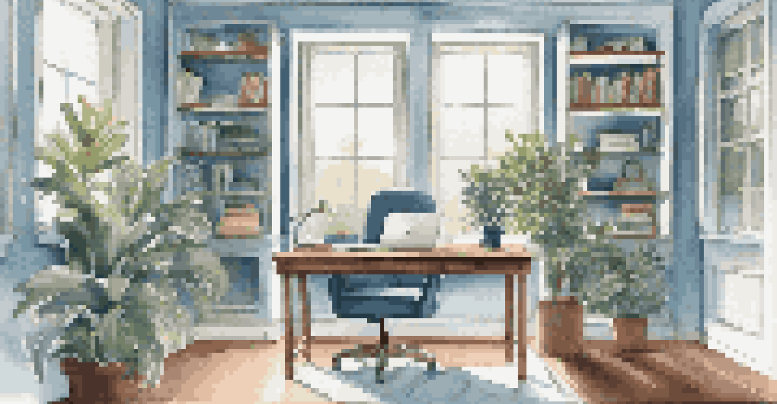 A stylish home office with a large window, sleek desk, laptop, and a potted plant, illuminated by natural light.