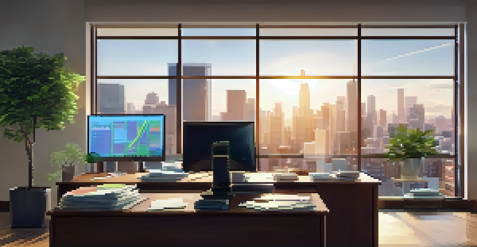 A bright and organized real estate office with a desk full of documents and a laptop showing graphs, with a city skyline visible through the window.