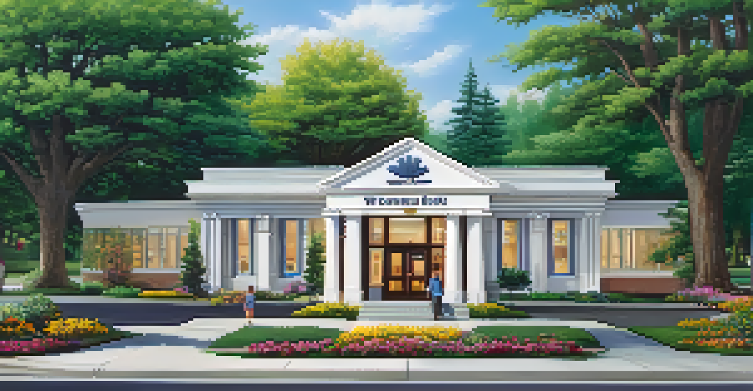 Exterior view of a community bank with a family entering, surrounded by greenery and flowers.