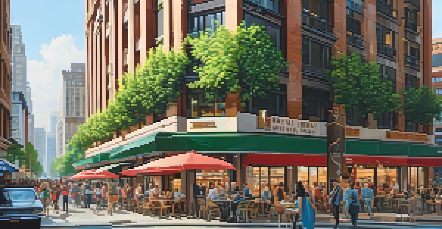 An urban scene with a high-rise apartment surrounded by cafes and shops, bustling with diverse pedestrians.