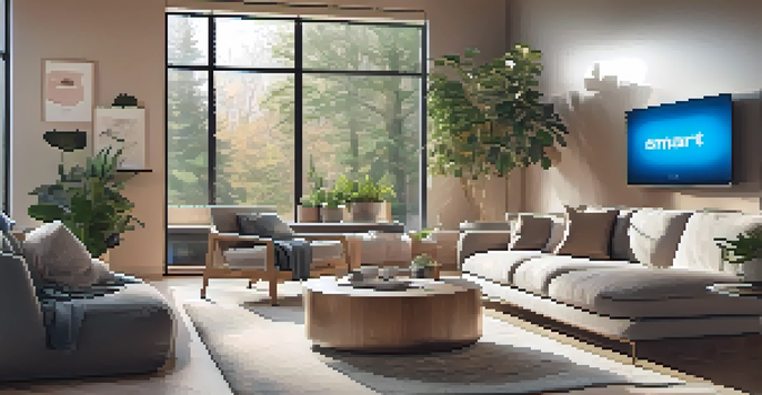 A contemporary living room equipped with smart home devices, including a smart thermostat and speakers, bathed in natural light.