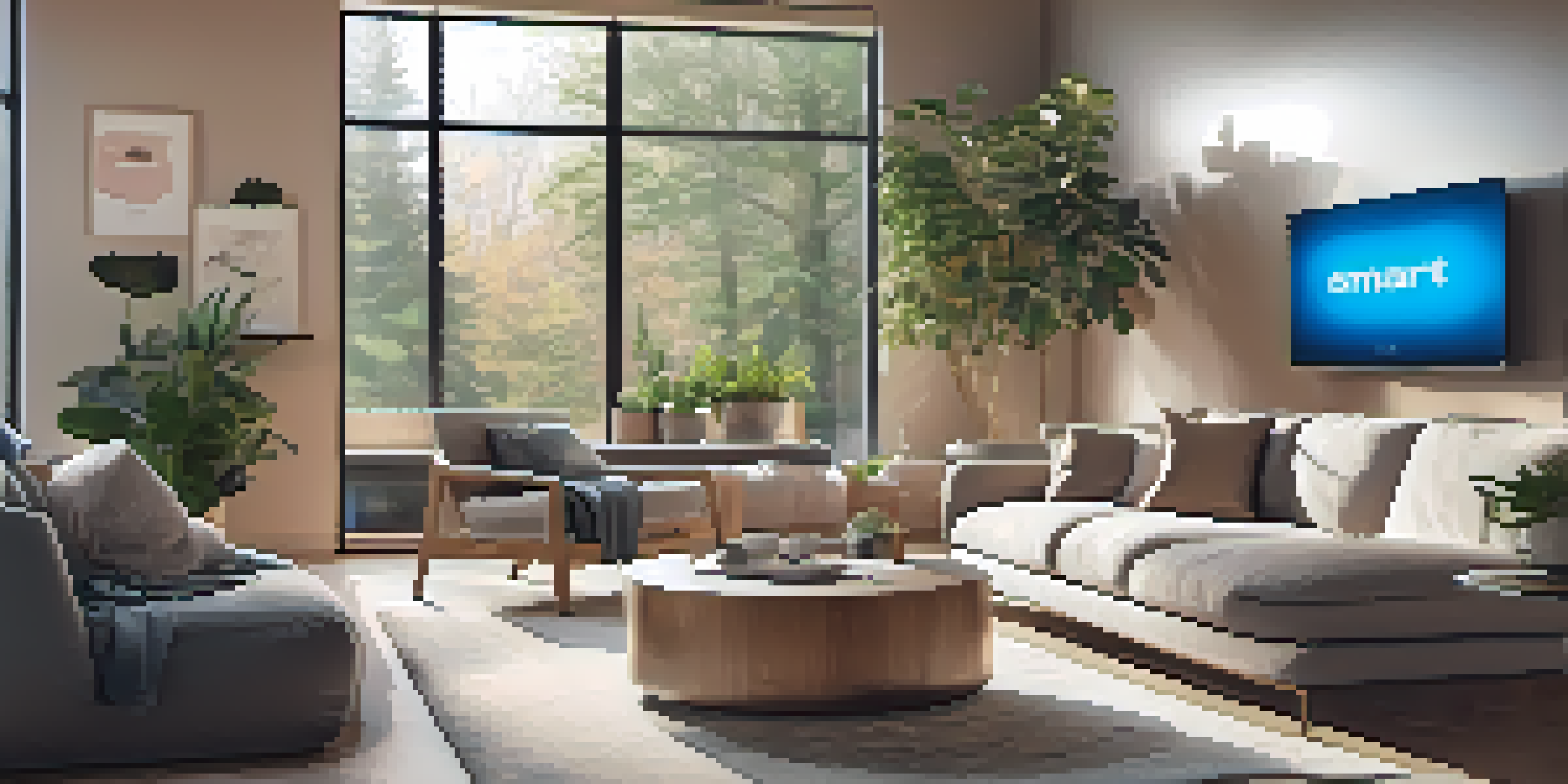 A contemporary living room equipped with smart home devices, including a smart thermostat and speakers, bathed in natural light.